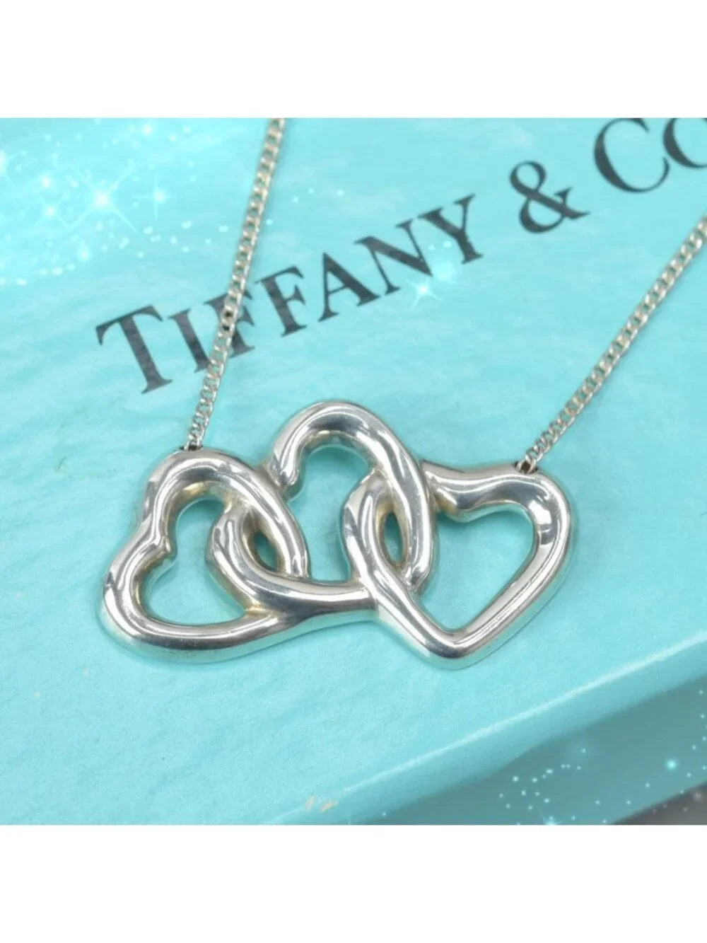 Tiffany & Co Polished Triple Heart Necklace W/box Silver